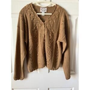 Erika Vintage 90s Tan Embroidered Ramie Cotton Cardigan Sweater Large Cottage